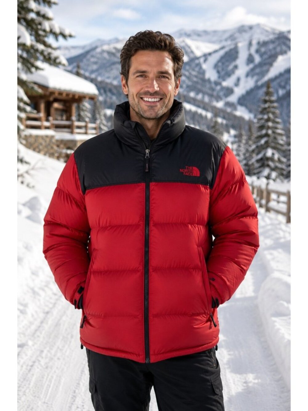 North Face Mens Nuptse 700 Red Black Puffer Jacket Goose Down Insulated Medium